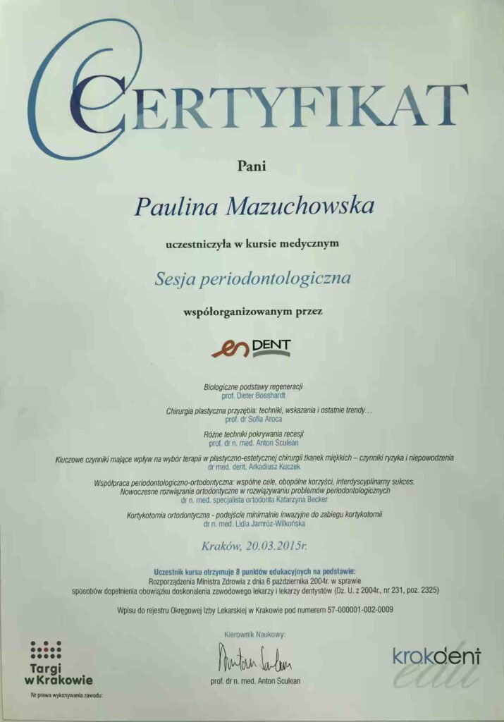 Sesja periodontologiczna-kurs,Krakdent. Certyfikat uczestnictwa